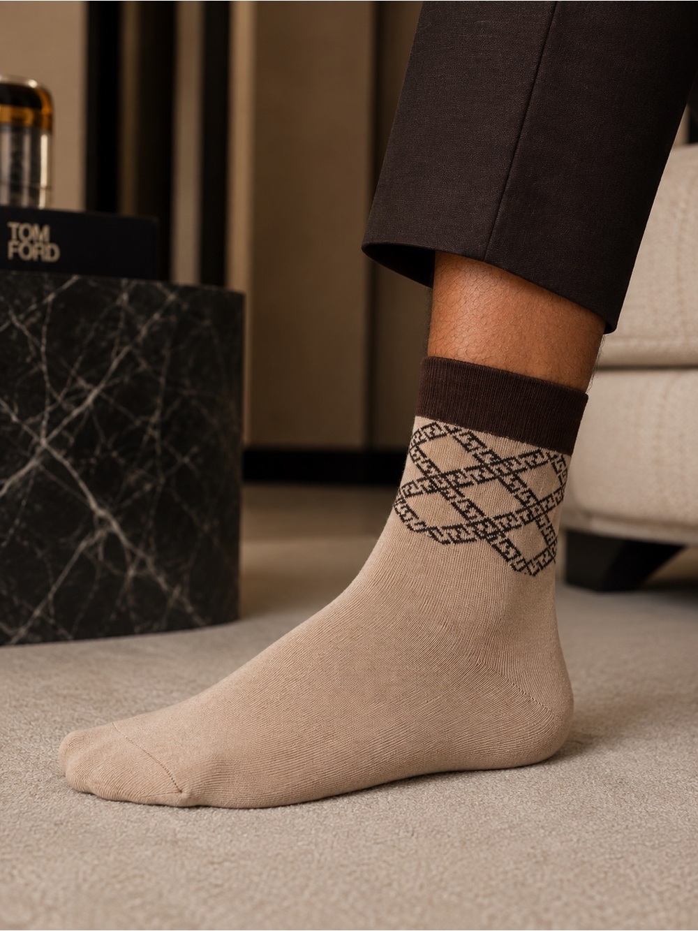 Fendi Beige Crew Socks with Dark Brown Cuff and Logo Pattern